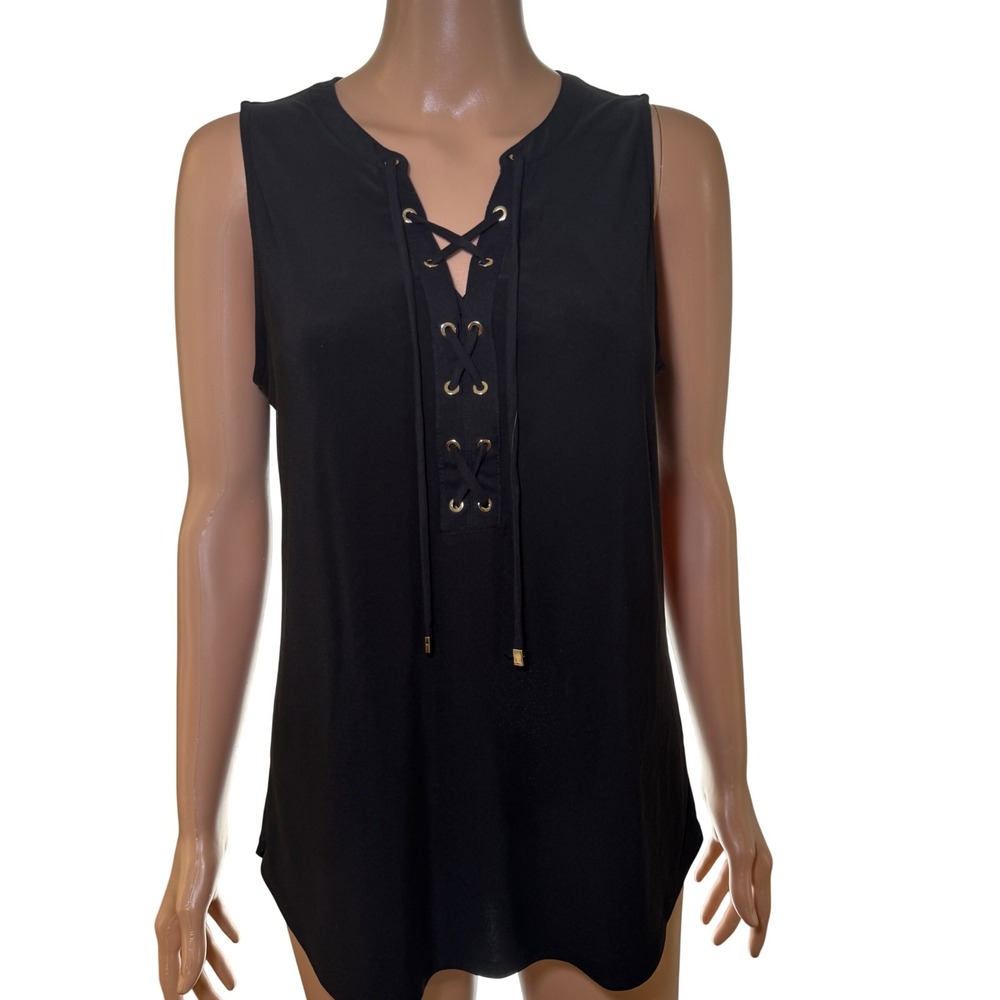 White House Black Market Black Lace Up Grommet Sleeveless Blouse Top Medium WHBM